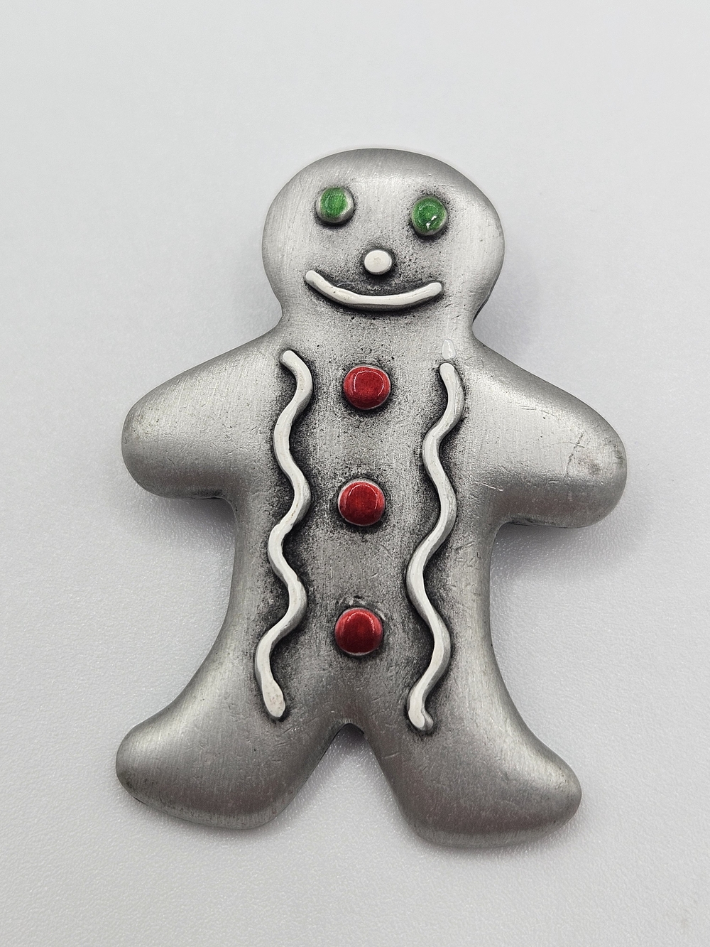 Vintage JJ Jonette Gingerbread Man Brooch Pin Pewter Red Green Enamel Christmas